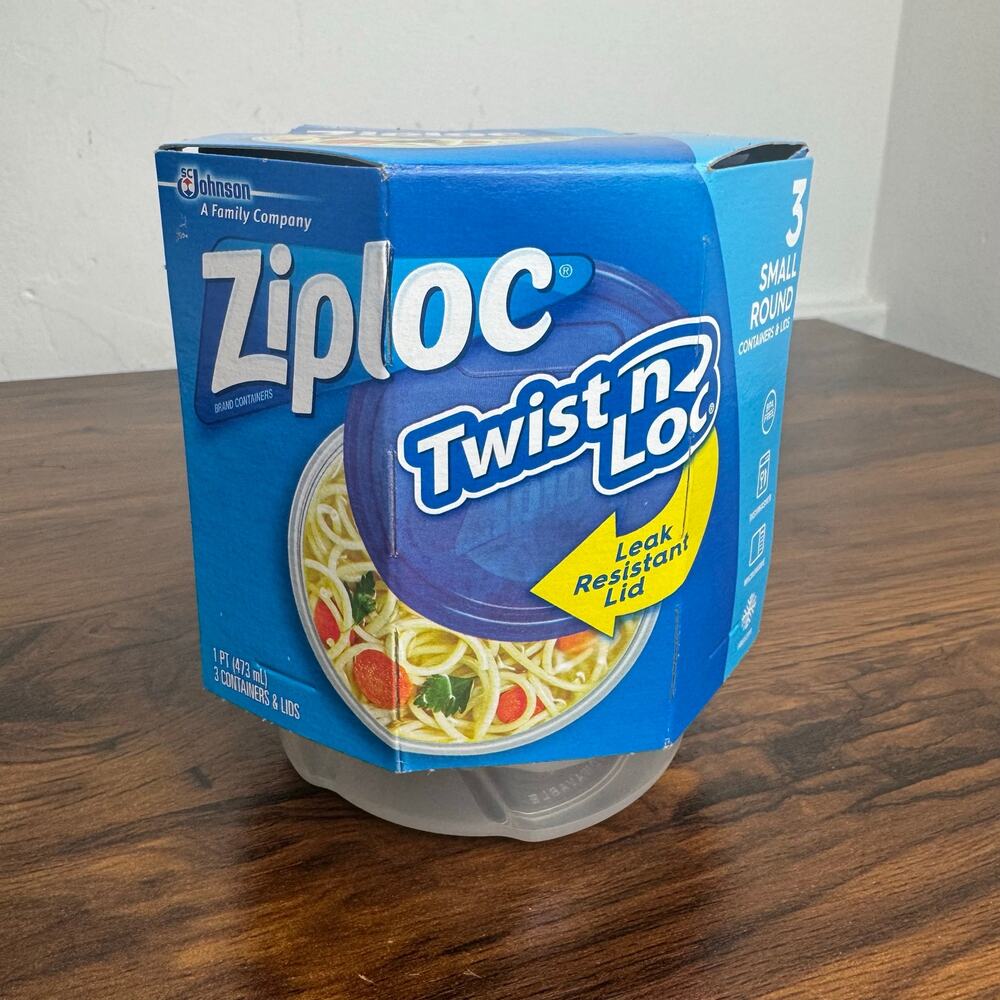 Ziploc Twist n Loc Small Round Containers‎ 3 Pack 1 Pint BPA Free Blue Lids 2016